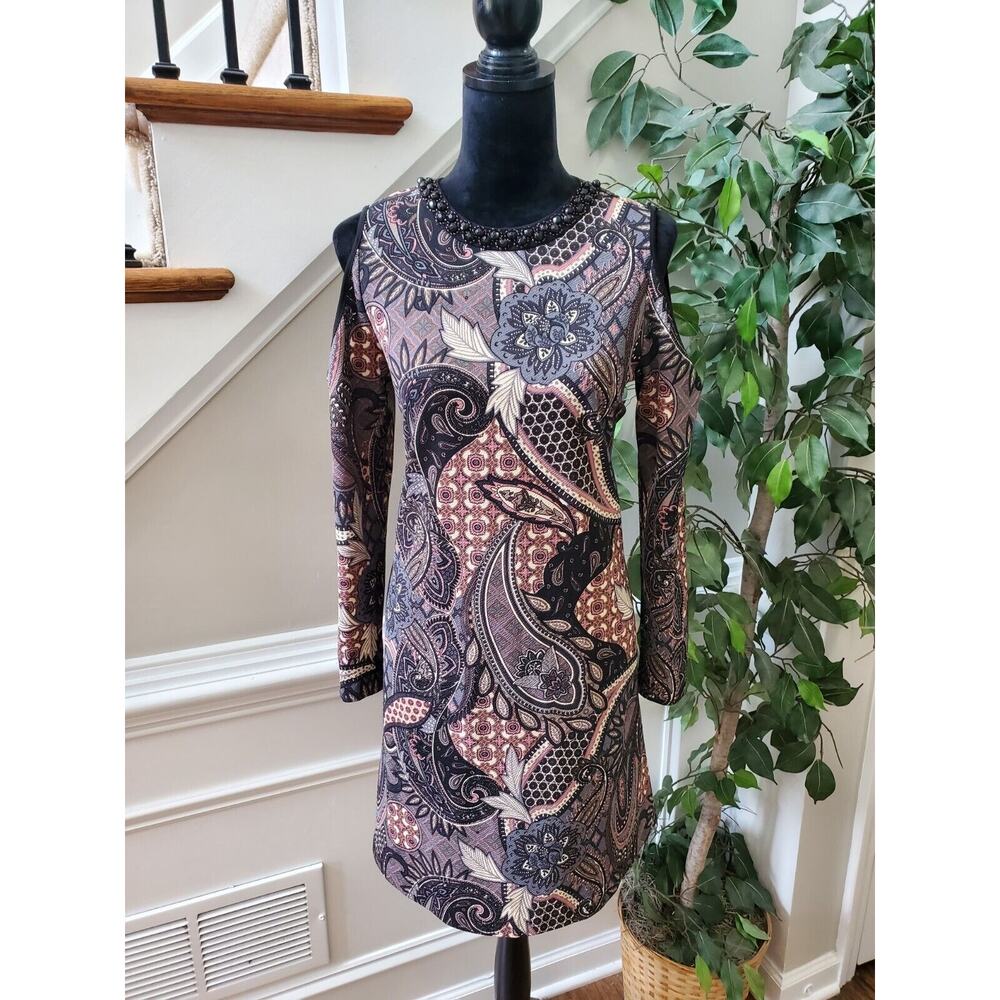 Label Women Multicolor Polyester Cold Shoulder Sleeveless Knee Length Dress M